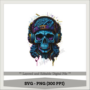 DJ Skull, Headphone Skull, Hip Hop Skull, Graffiti, Urban Design - Colorful, Perfect for Shirts, Men&#39;s Apparel - Abstract Sublimation Design