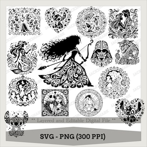 Lot de 14 personnages de dessins animés, dessin animé princesse, mariage complexe, silhouette rose enchantée, sticker, SVG - PNG