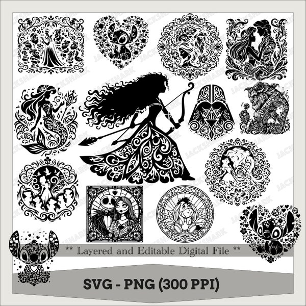 14 Zeichentrickfiguren Bundle, Prinzessin Cartoon, Hochzeit, verzauberte Rose Silhouette, Aufkleber, SVG - PNG