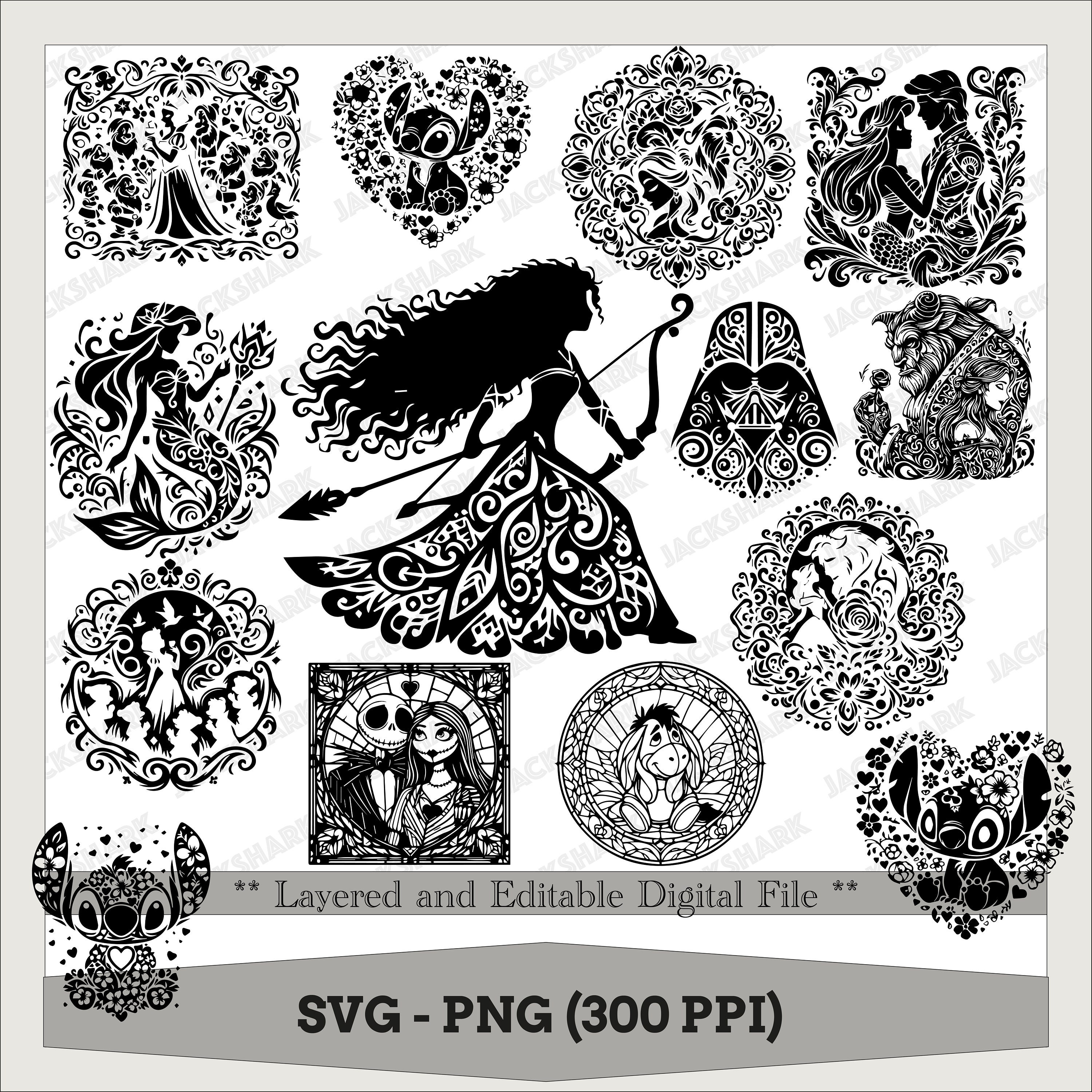 14 Cartoon Characters Bundle, Princess Cartoon, Intricate Wedding, Enchanted Rose Silhouette, Decal, SVG - PNG