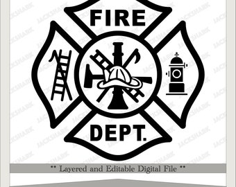 May include: Black and white illustration of a fire department emblem. The emblem features a cross with a ladder, axe, hose, and fire helmet in the center. The words "FIRE DEPT." are written on the emblem.