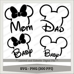 Könnte beinhalten: Schwarz-weißes digitales Schnittmuster mit Mickey-Maus-Ohren und den Wörtern "Mama", "Papa" und "Baby" in einer stilisierten Schrift.