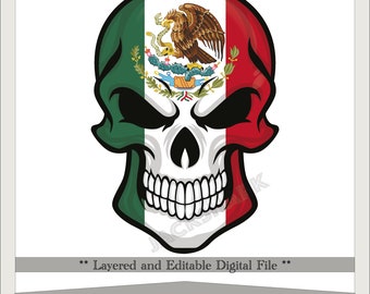 Mexican Flag Sugar Skull, Day Of The Dead, SVG PNG (Editable Digital File)