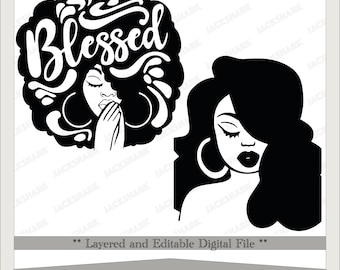Donna nera benedetta che prega SVG PNG, Clipart afro melanina (download digitale)