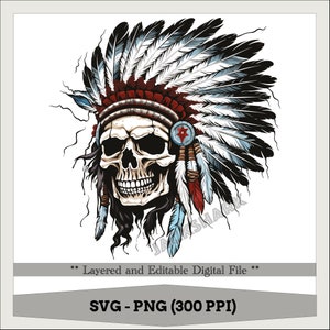 Pode incluir: Uma caveira branca usando uma cobertura de cabeça de nativo americano colorida com penas vermelhas, brancas e azuis. A caveira tem um sorriso cheio de dentes e cabelo preto.