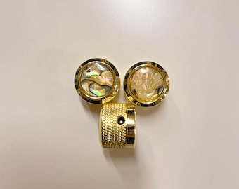 Juego de perillas de guitarra hechas a mano a medida, de abulón auténtico en oro, plata, cromo y negro.