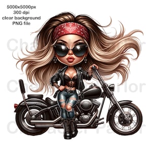 Lady Biker Cartoon PNG: Retro Motorcycle Clip Art (Digital Download)