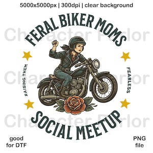 バイクの漫画、バイクのライダー、バイクの漫画、バイクのクリップアートPNG、野生のバイカーママ、女性バイカーDTFデザイン