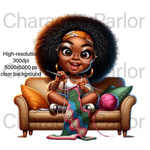 Hobby cartoon png, Gift for crocheter, gift for knitter, anime crafter caricature, artisan character logo, yarn lovers social media clipart