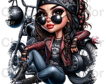 Lady Biker Cartoon PNG: Retro Motorrad Clip Art, DTF Design
