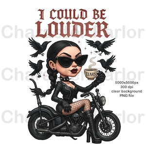 バイクの漫画、バイクのライダー、バイクの漫画、バイクのクリップアートPNG、もっと大きな声を出せるDTFデザイン、ブラックユーモアゴシック女性ライダー