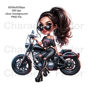 Lady Biker Cartoon PNG: Retro Motorcycle Clip Art (Digital Download)
