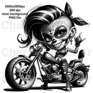 Motorcartoon, motorrijder, motorfietscartoon, motorfiets clipart png, vrouwelijke skeletmotorfietser