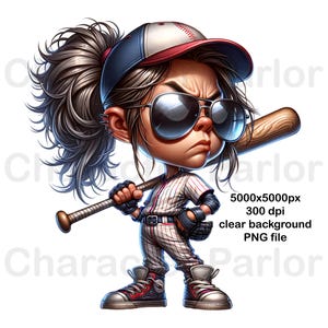 女性野球選手の似顔絵PNG、かっこいいホームランキャラクターDTF、試合当日の漫画、面白い野球ママのデザイン、野球ゲームの昇華