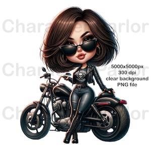 Lady Biker Cartoon PNG: Retro Motorcycle Clip Art (Digital Download)