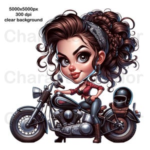 Lady Biker Cartoon PNG: Retro Motorcycle Clip Art (Digital Download)