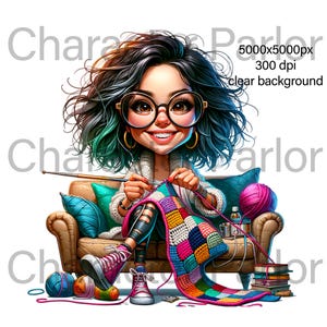 Hobby cartoon png, gift for crocheter, gift for knitter, art and craft caricature, artisan character logo, yarn lovers social media clipart