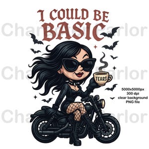 バイクの漫画、バイクのライダー、バイクの漫画、バイクのクリップアートPNG、基本的なDTFデザイン、ブラックユーモアゴシック女性ライダー
