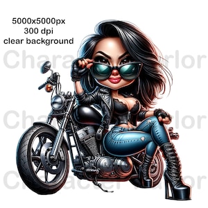 Lady Biker Cartoon PNG: Retro Motorcycle Clip Art (Digital Download)