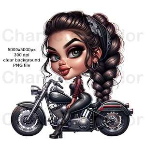 Lady Biker Cartoon PNG: Retro Motorcycle Clip Art (Digital Download)