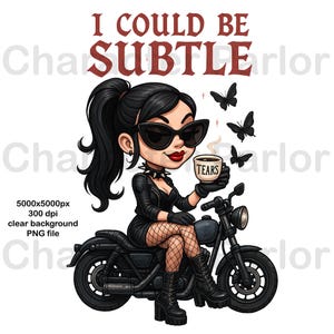 バイクの漫画、バイクのライダー、バイクの漫画、バイクのクリップアートPNG、微妙なDTFデザイン、ブラックユーモアゴシック女性ライダー