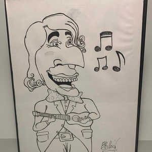 May include: Black and white line drawing of a person with a large nose and a wide smile playing a ukulele. The person is wearing a polka dot bow tie and a suit jacket. Music notes are drawn above the person's head.