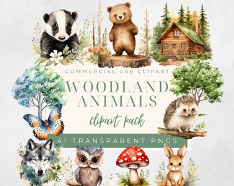 Watercolour Woodland Animals Clipart, Forest Animals, Woodland Animals PNG, Woodland Birds, Woodland Clipart, Watercolour Animals