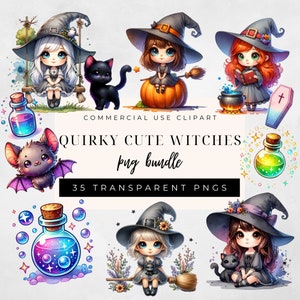Quirky Cute WitchClipart, Halloween Clipart, Watercolour Witches, Fall Autumn Clipart, October Planner png, Black Cat, On a pumpkin