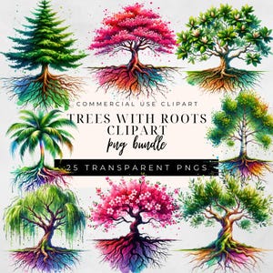 Watercolour Tree with Roots Clipart, Forest Tree Scrapbooking Clipart, Family Tree PNG Bundle, Nature Seasonal Tree Sublimation Png Designs