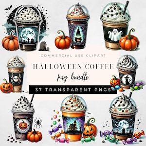Halloween Coffee Clipart Set, Scary Gothic Watercolour Hot Coffee Drink Clipart, Spooky Season PNG Bundle, Pumpkin Designs Instant Download