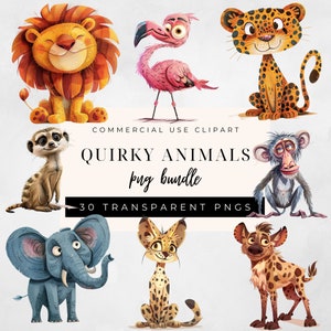 Quirky Animals PNG Clipart Bundle Whimsical Safari animals Sublimation clip art Whimsy Nursery Party graphics Silly illustration