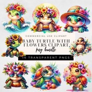 Baby Turtles with Flowers Clipart, Nursery Art, Cute Baby Turtles Clipart Bundle, Under The Sea Animal Clipart, Cute Turtles, Wall Art