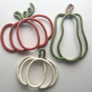 May include: Three decorative pumpkin-shaped trivets in orange, green, and white. The orange pumpkin has a green stem and curly vine. The green pumpkin has a tan stem. The white pumpkin has a green stem. These trivets are made of a woven rope material.