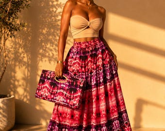Pink & Plum Tie-Dye Maxi Skirt Set with Matching Purse | Fuchsia, Magenta,  Black Boho Skirt