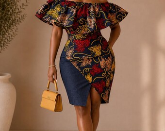 Conjunto de saia e blusa com estampa africana | Blusa ombro a ombro com babados e saia envelope jeans | Conjunto combinando em estilo Ankara | Look elegante para mulheres