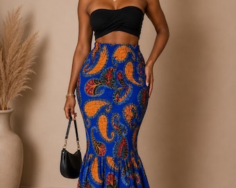 Blauer Ankara Mermaid Maxi-Rock | Afrikanischer Druck mit hoher Taille, handgefertigter Rock