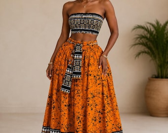 Conjunto de duas peças com estampa africana | Top bandeau e saia maxi | Conjunto combinando em estilo Ankara