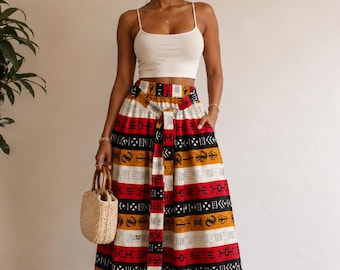 Gonna lunga Ankara a stampa africana rossa, nera e oro con spacco / Gonna a vita alta