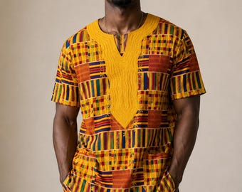 Conjunto de camisa y gorra Dashiki con estampado Kente para hombre / Túnica africana bordada en oro