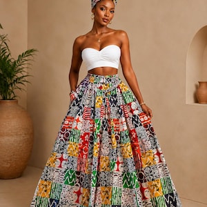 Patchwork Ankara Maxi Skirt and Headwrap Set | Multicolor African Print Full Length Skirt