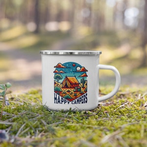 Tasse de camping Happy Campers, cadeau pour les amateurs de camping, tasse de camping en émail, cadeau pour les campeurs, tasse à café de camping