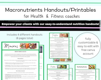Macros Guide for Health Coach | Macronutrients, Protein, Carbs, Fats Handouts for clients | Fitness Coach Templates, Printables | Canva