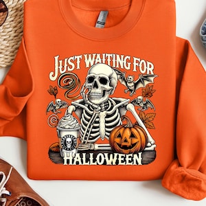 Just Waiting for Halloween Comfort Colors® Shirt, Funny Skeleton Pumpkin Shirt, Spooky Fall Graphic Shirt, Retro Halloween Womens Shirt