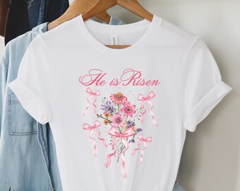 Easter Sweatshirt, He Is Risen Shirt, Jesus Easter Shirt, Easter Sweatshirt For Women, Cute Easter Outfit, Happy Easter Coquette Bow Tee