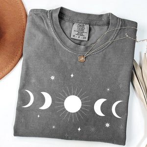 Celestial Comfort Colors® Shirt, Moon Phase T-shirt, Boho Mystical Moon And Sun Tee, Boho Moon Outfit, Spiritual Moon Women Clothing Gifts