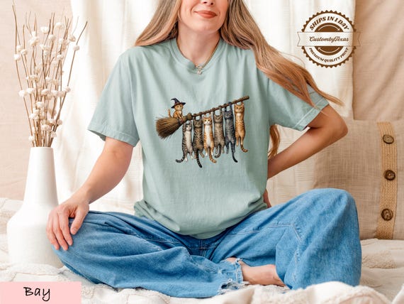 Comfort Colors Witchy Cat Shirt, Halloween Feline Tee, Spooky Season Gift