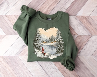 Vintage Santa Fishing Shirt, Christmas Fishing Shirt, Holiday Dad Shirt, Christmas Fisherman Shirt, Christmas Dad Gift, Xmas Fishing Tee