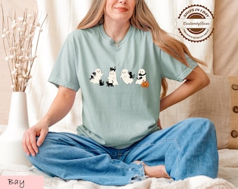 Comfort Colors Cute Ghost Cat Shirt, Spooky Black Kitten Halloween Tee, Cat Lover Gift