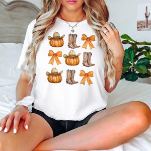 Howdy Pumpkin Shirt, Western Fall Shirt, Fall Coquette Bow Tshirt, Fall Vibes, Fall Sweatshirt, Thanksgiving Gift, Cowgirl Shirt image 1