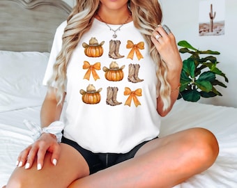 Howdy Pumpkin Shirt, Western Fall Shirt, Fall Coquette Bow Tshirt, Fall Vibes, Fall Sweatshirt, Thanksgiving Gift, Cowgirl Shirt